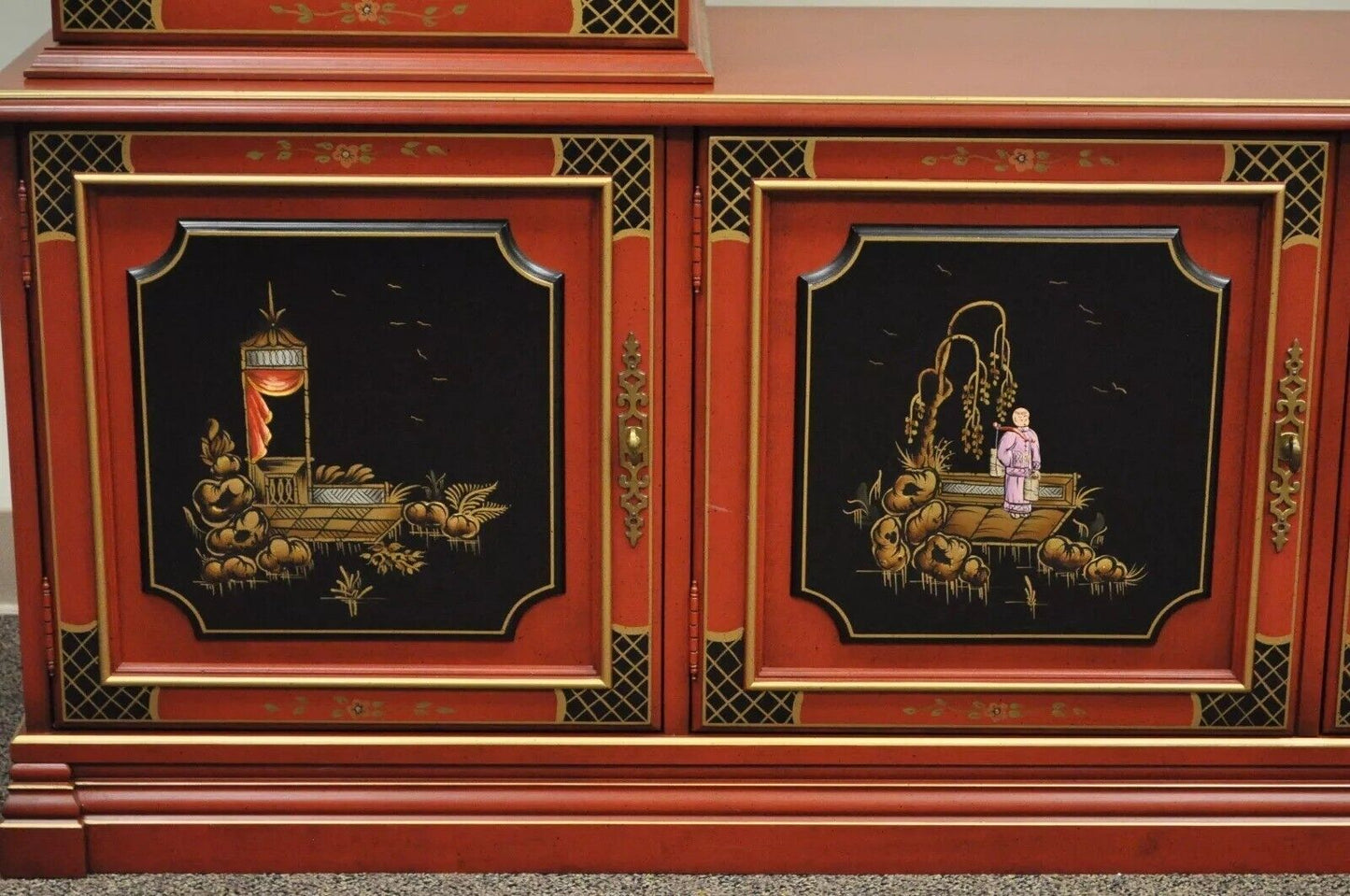 Vintage Jasper Oriental Chinoiserie Red Display China Cabinet Curio Credenza
