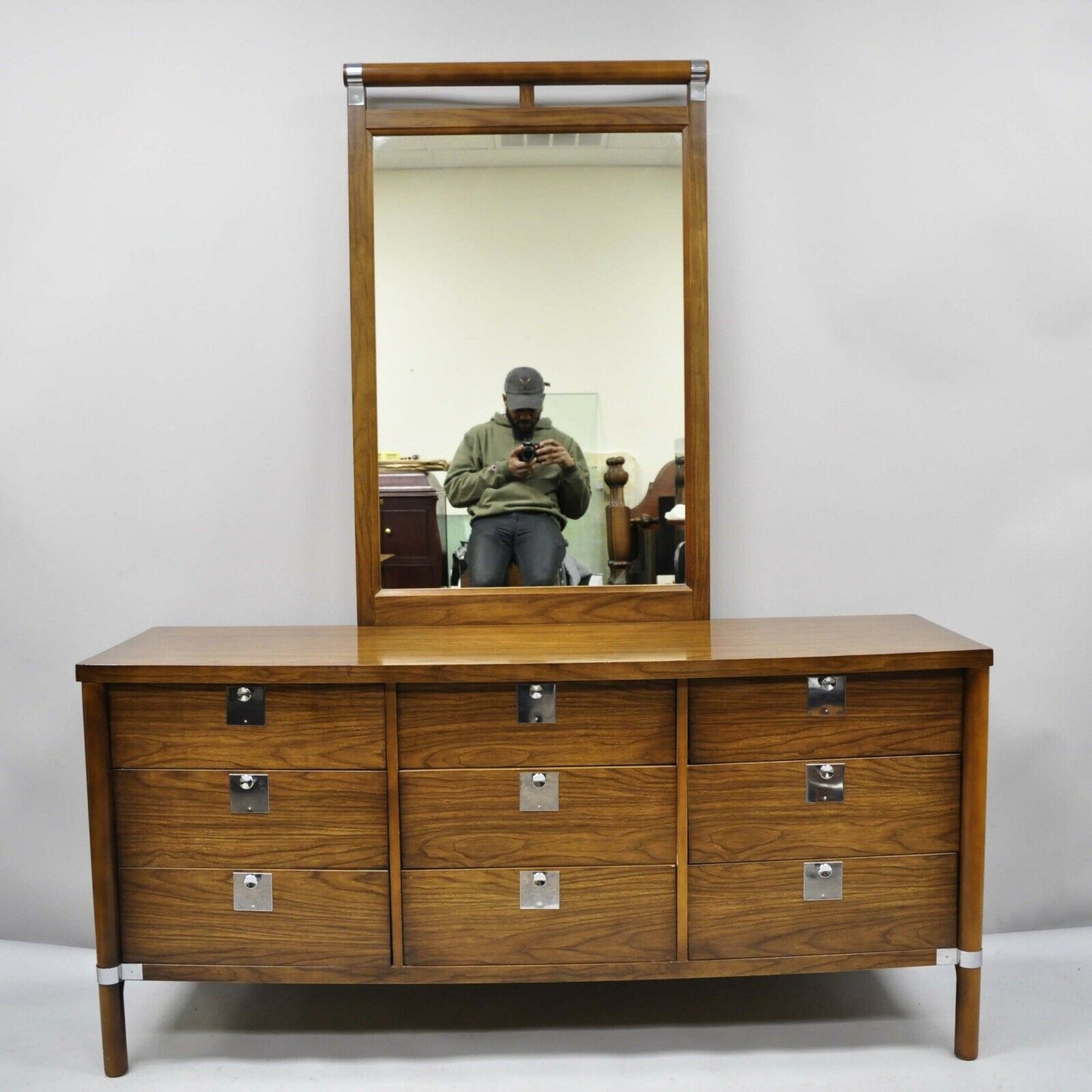 Vintage Mid Century Modern Walnut & Chrome 9 Drawer Credenza Dresser w/ Mirror