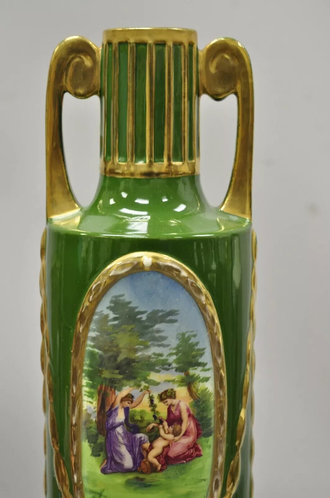Antique Josef Joseph Strnact JS 20" Tall Green French Porcelain Vase, Austria