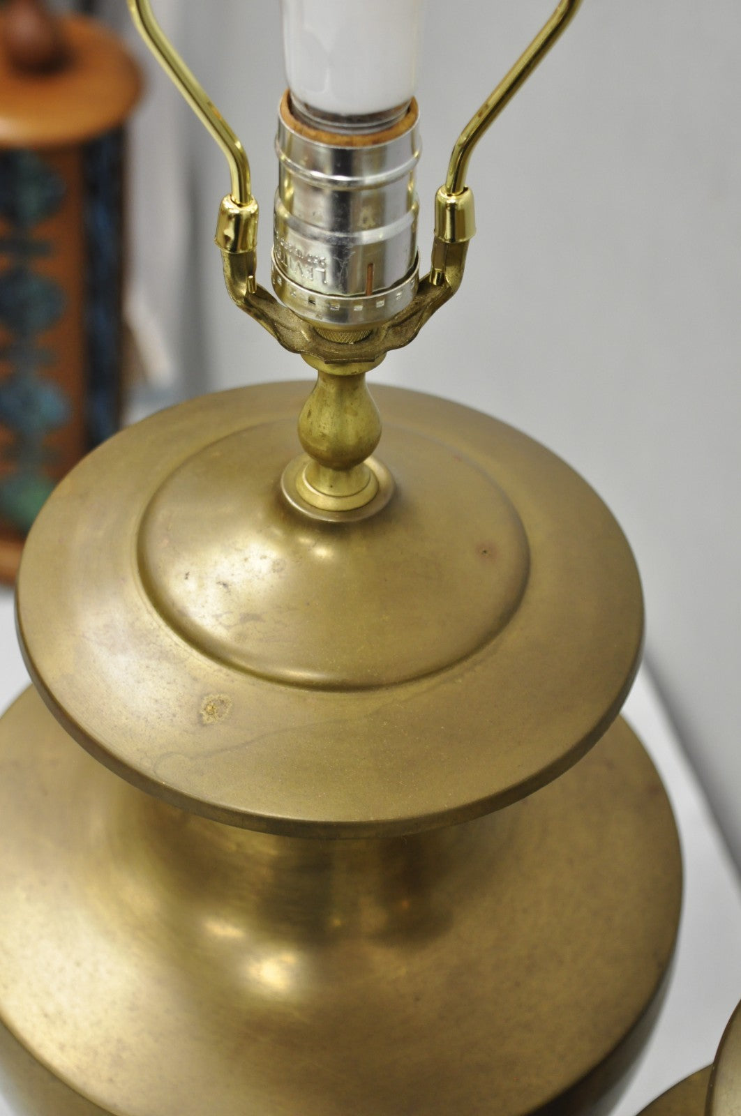Vintage Hollywood Regency Patinated Brass Jardiniere Urn Table Lamps - a Pair