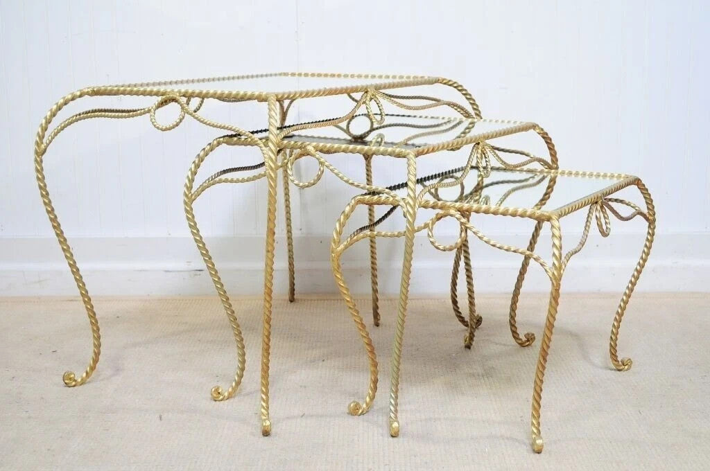 Vintage Italian Hollywood Regency Gold Rope Mirror Top 3 Pc Nesting Side Tables