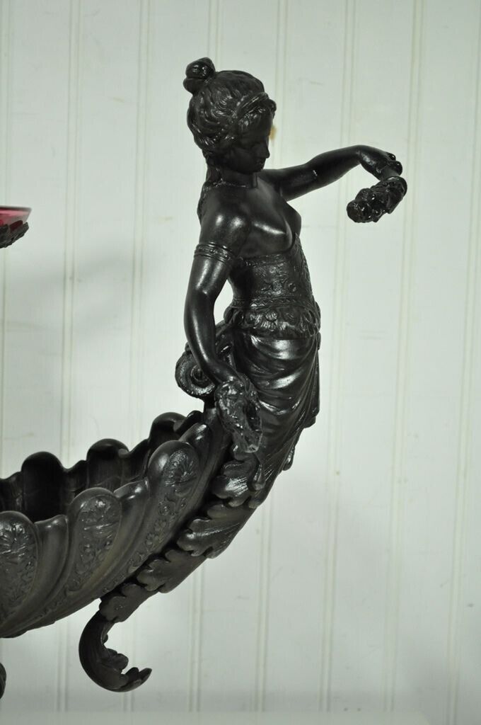 Antique Victorian Spelter & Marble Figural Mermaid Centerpiece Bowl Vase Epergne