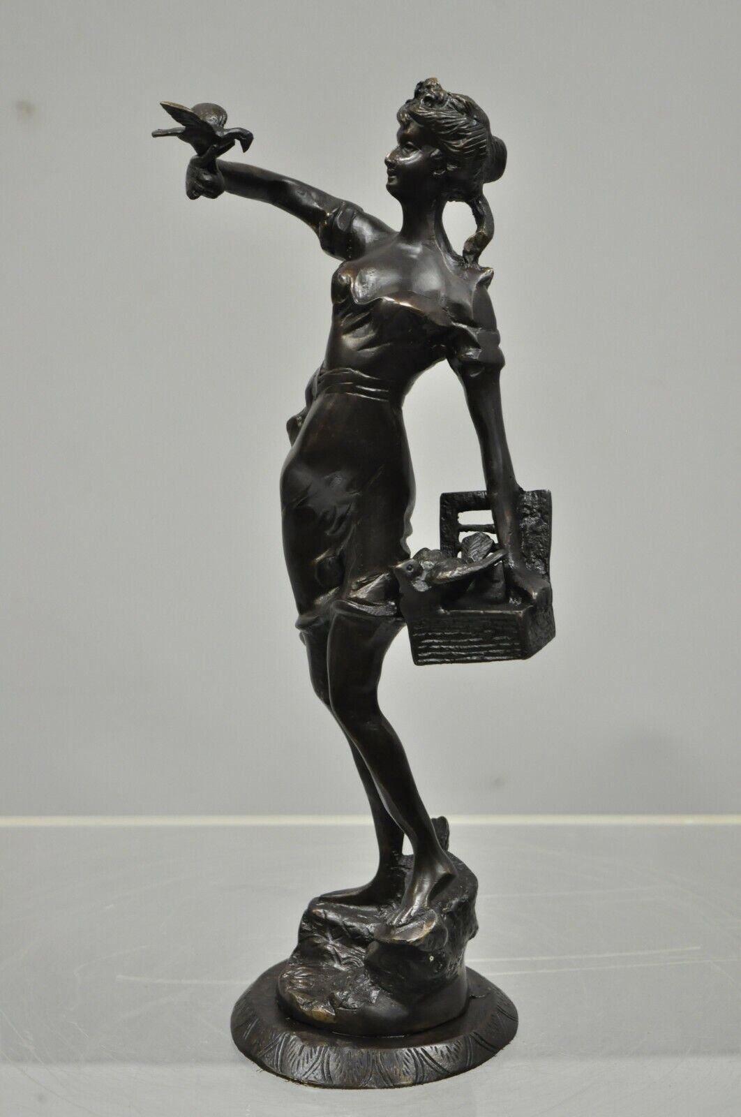 Bronze Sculpture Woman w/ Birds & Basket 15" Statue Figure After Emile Guillemin