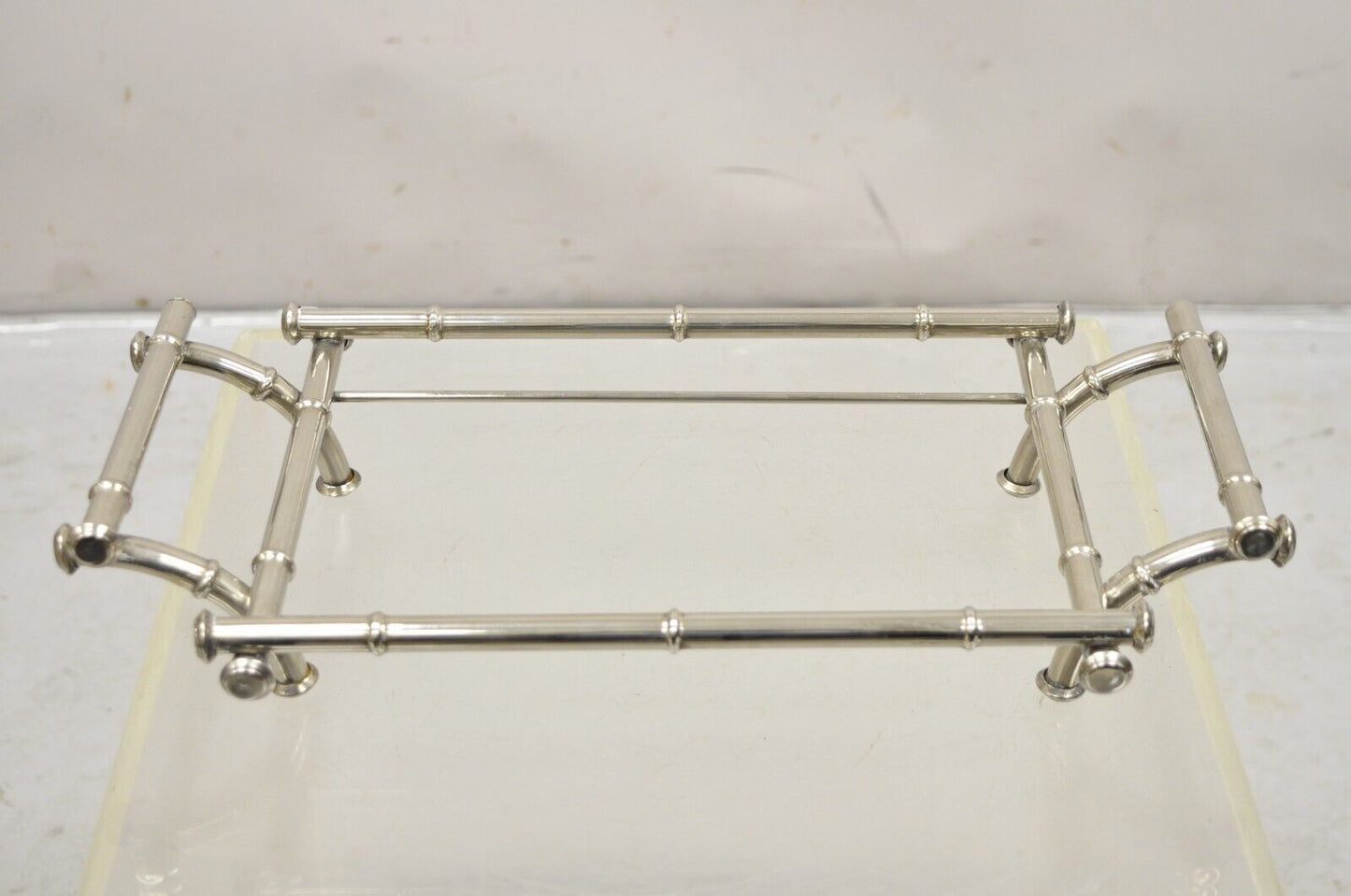 Vtg Italian Hollywood Regency Faux Bamboo Silver Plated Serving Platter Stand