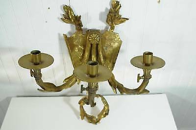 19th C French Bronze Acanthus Candle Holder Wall Sconce Coat of Arms Lion Shield