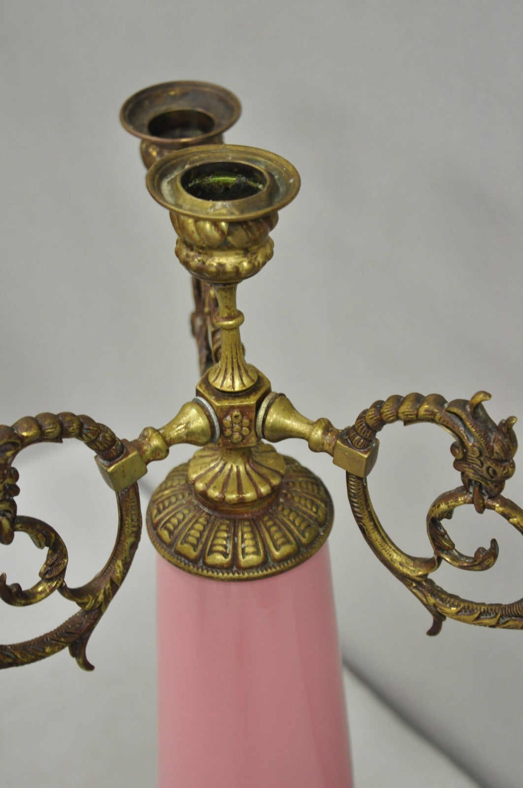 French Renaissance Art Nouveau Bronze 4 Candle Pink Glass Column Candelabra