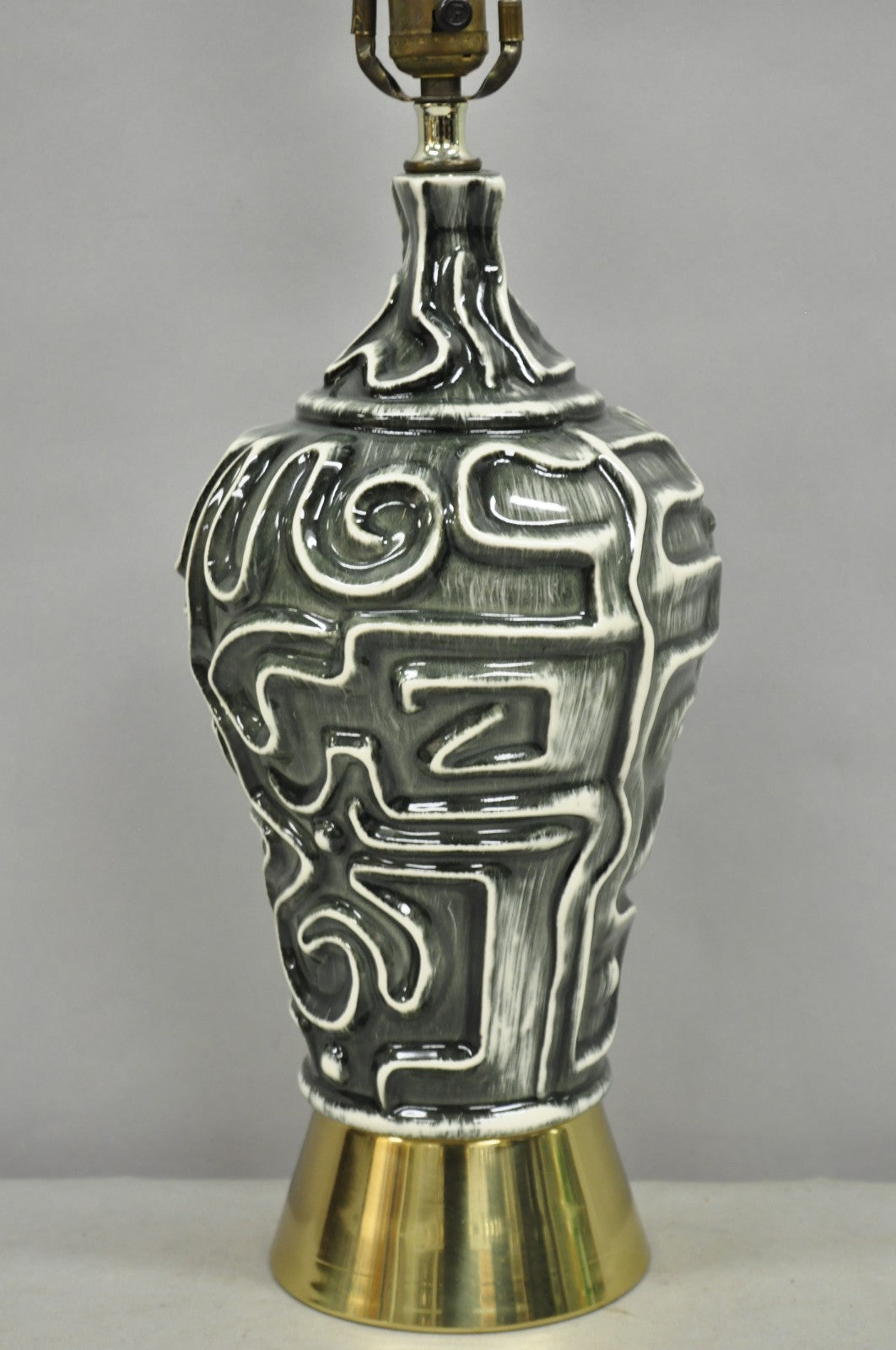 Vintage Mid Century Modern Grey Glazed Ceramic Geometric Aztec Brass Table Lamp