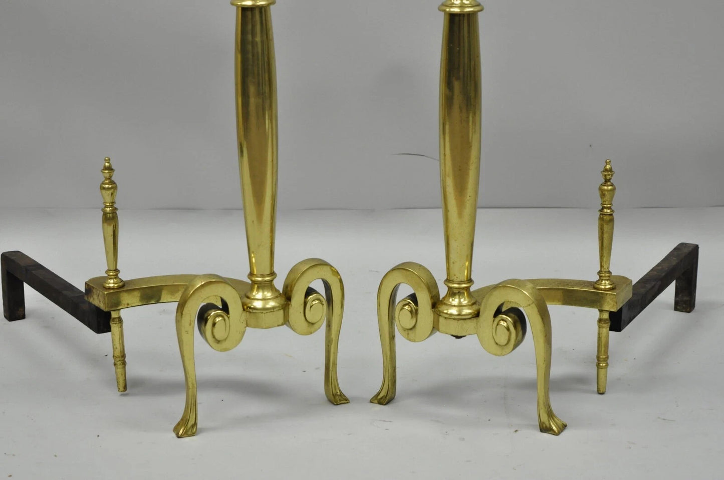 Antique French Art Nouveau Style Brass Urn Finial Fireplace Andirons - a Pair