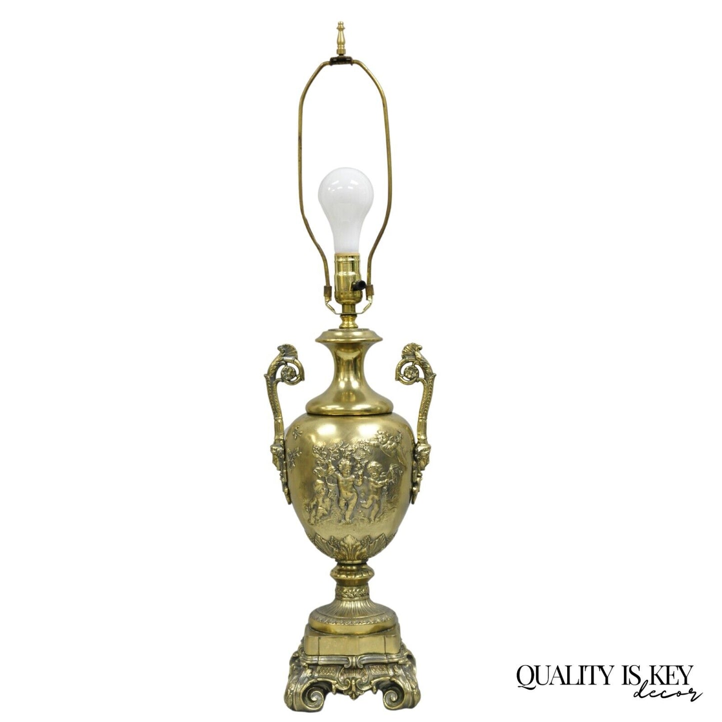 Vintage French Louis XV Renaissance Brass Figural Dancing Cherubs Urn Table Lamp