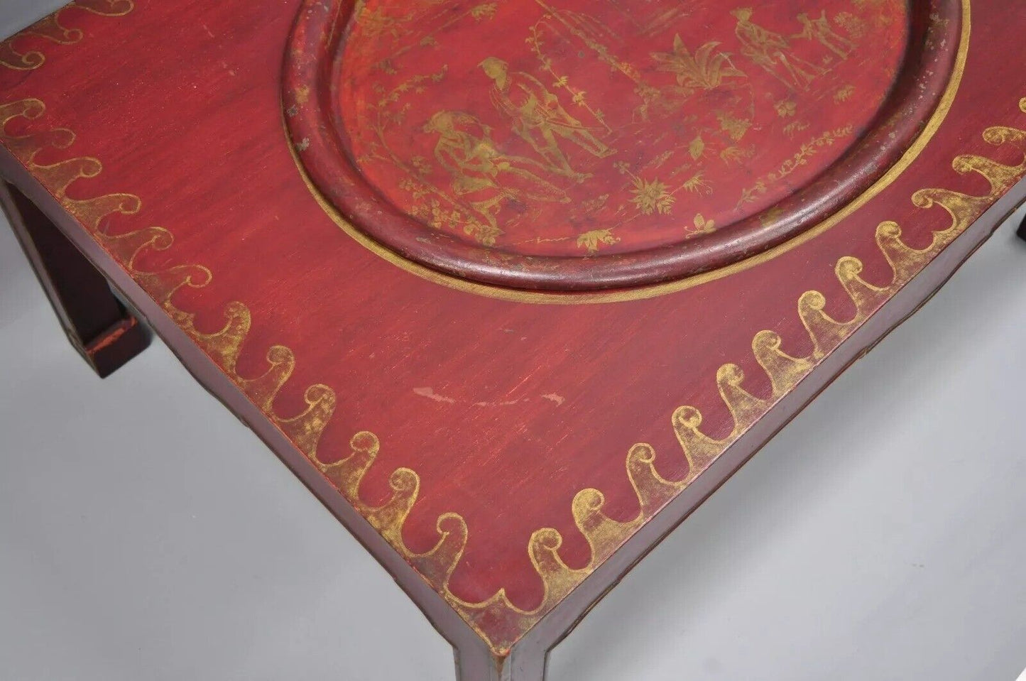 Vintage Chinoiserie Red Oriental Coffee Table with Tole Metal Serving Tray Top