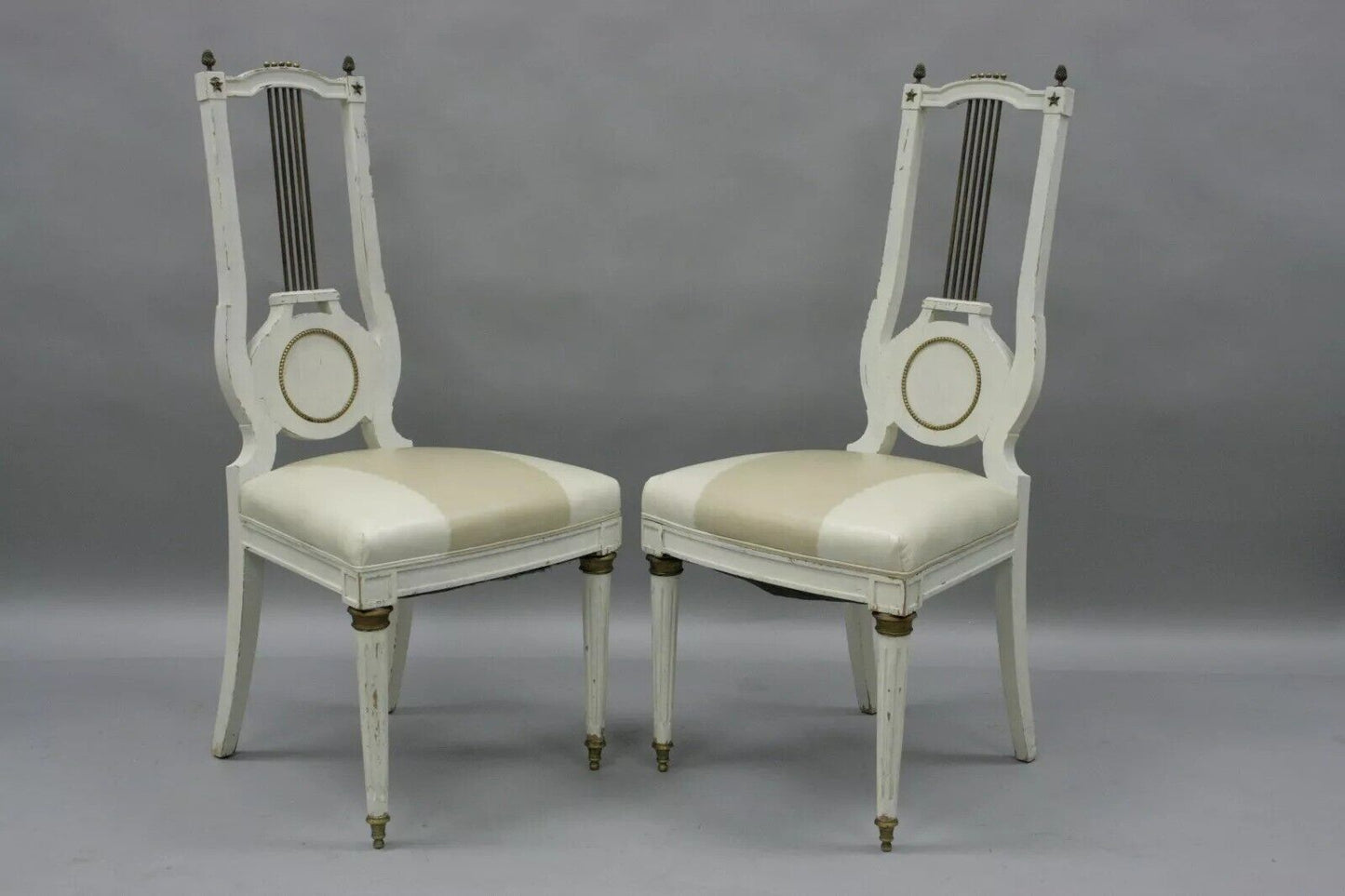 Antique French Empire Neoclassical Style Brass Harp Lyre Side Chairs - a Pair