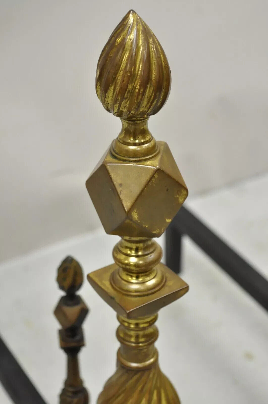 Antique Federal Brass Spiral Twist Finial Branch Leg Ball & Claw Andirons - Pair