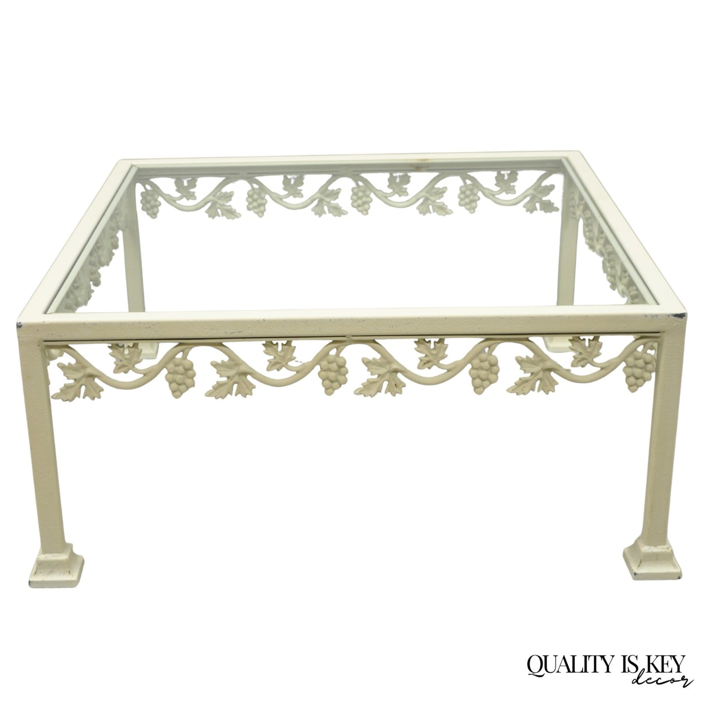 Vintage Woodard Style White Wrought Iron "Grapevine" Square Glass Coffee Table