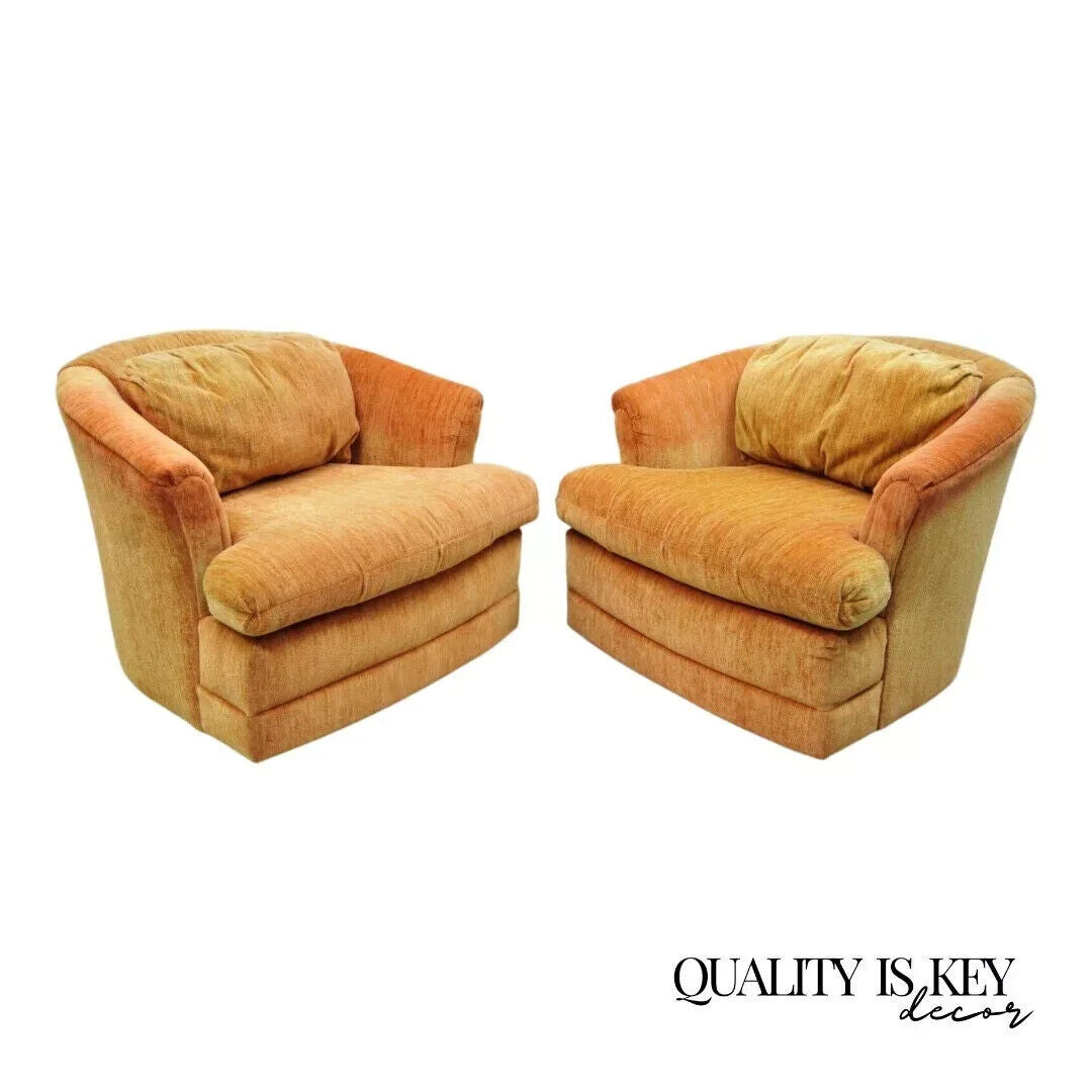 Mid Century Modern Orange Upholstered Swivel Lounge Club Chair by Flexsteel Pair