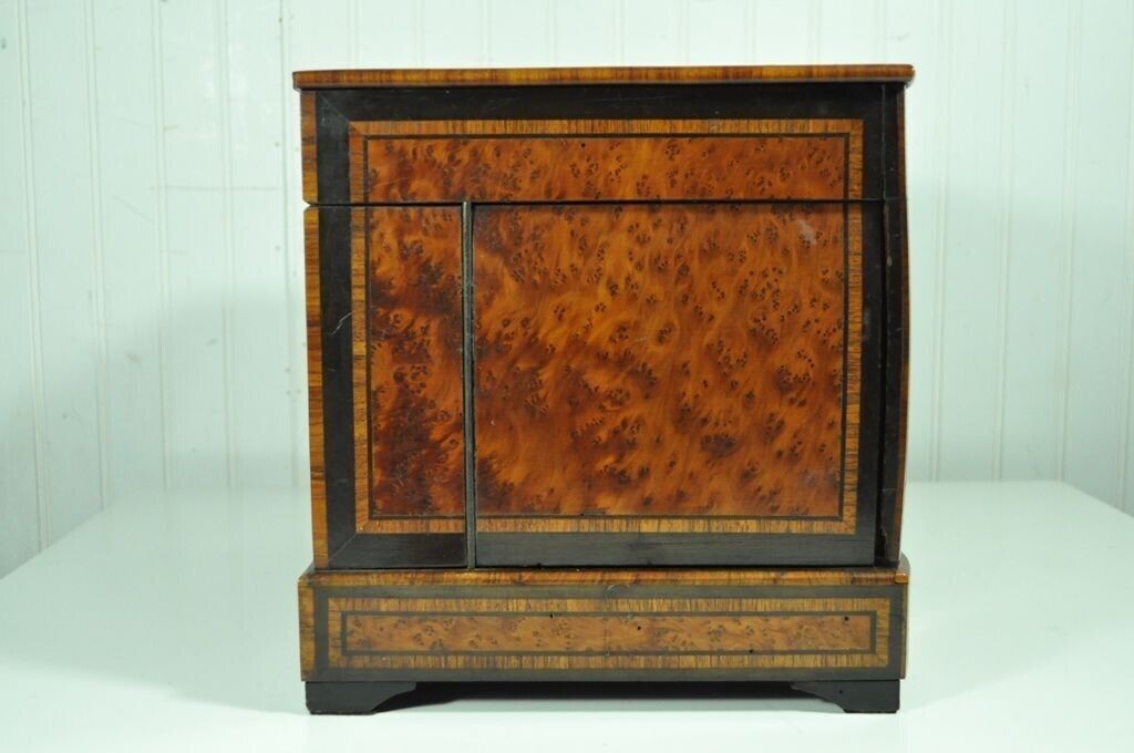 Antique French Brass Inlay Tantalus Box Cordial Decanter Set Liquor Cabinet