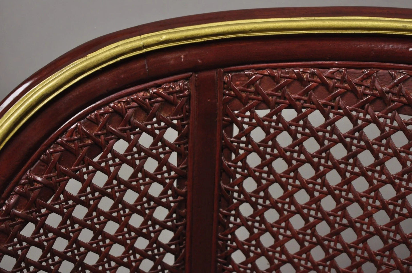 Vintage French Louis XV Style Red Lacquer & Gold Cane Bergere Lounge Club Chair