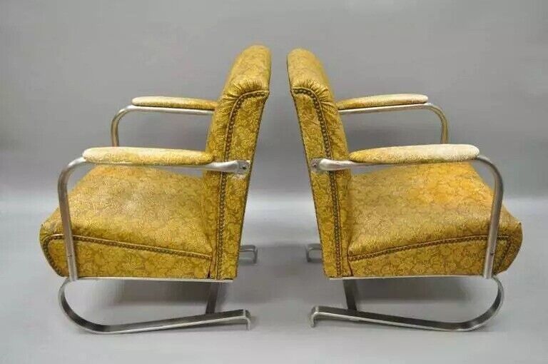 Art Deco Lloyd KEM Weber Style Chrome Steel Springer Lounge Chairs - a Pair