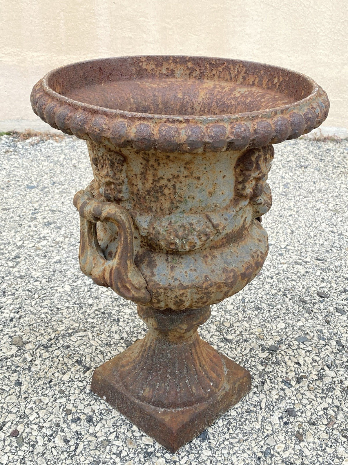 French Classical Style Cast Iron Urn Form 17" Garden Yard Planter Pot w/ Faces
