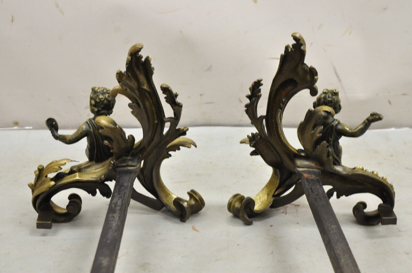 Antique French Rococo Louis XV Bronze Cherub Putti Andiron Chenets - a Pair