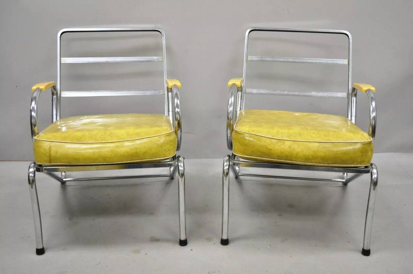 Art Deco Tubular Chrome Yellow Vinyl Club Lounge Arm Chair Attr Lloyd Mfg - Pair