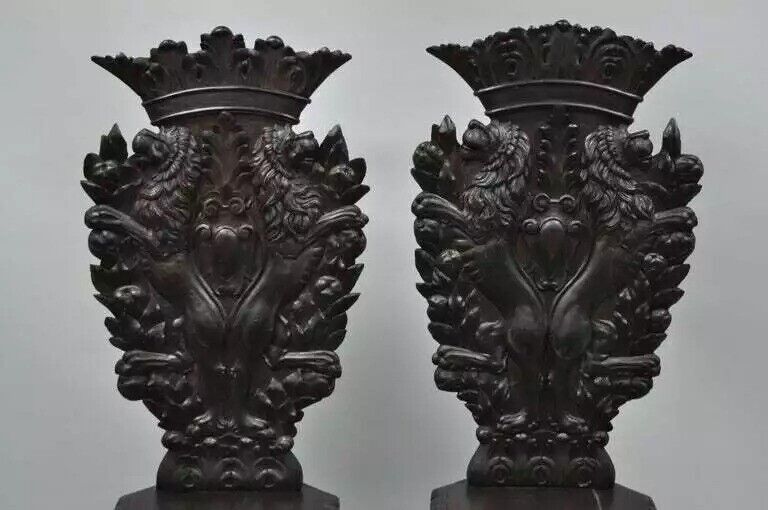 18th C. Italian Renaissance Lion Carved Walnut Sgabello Hall Chairs - a Pair