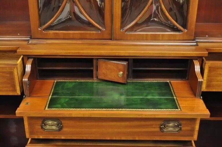 Georgian Style Mahogany Satinwood Inlay Breakfront Bookcase Bubble Glass Cabinet