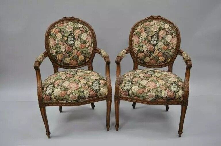 Vintage French Country Louis XV Style Carved Round Back Walnut Arm Chairs - Pair