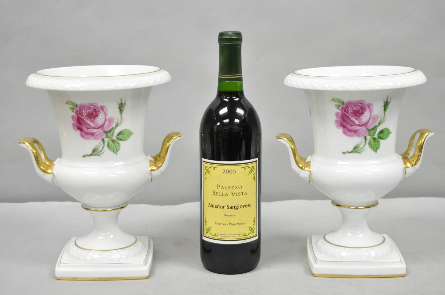 Alka Alboth & Kaiser Painted French Porcelain Pink Rose Trophy Cup Urn Vase Pair