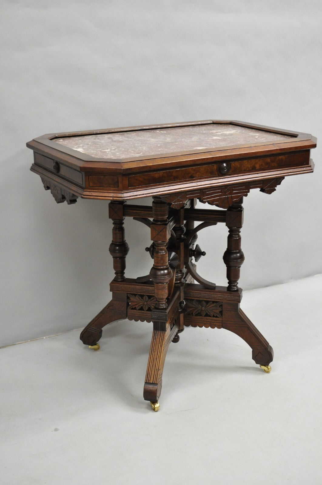 Antique Aesthetic Movement Victorian Carved Walnut Marble Top Parlor Side Table