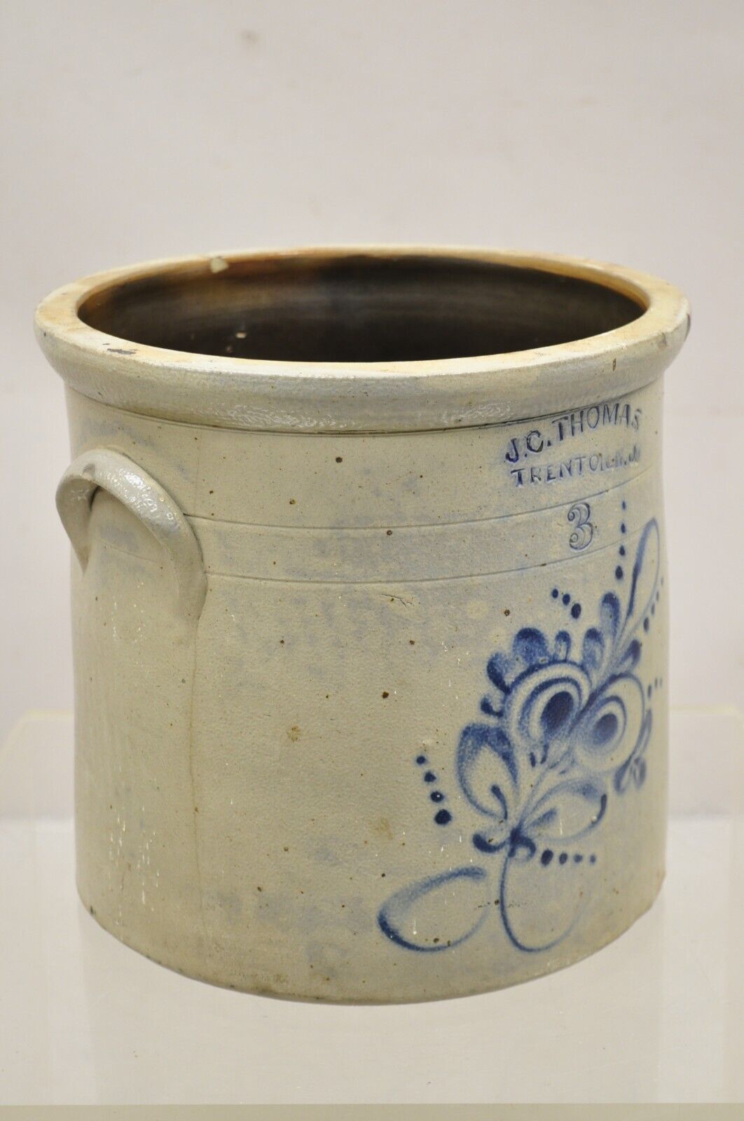 Antique J.C. Thomas Trenton NJ 3 Gallon Stoneware Crock Pot Cobalt Blue Flower