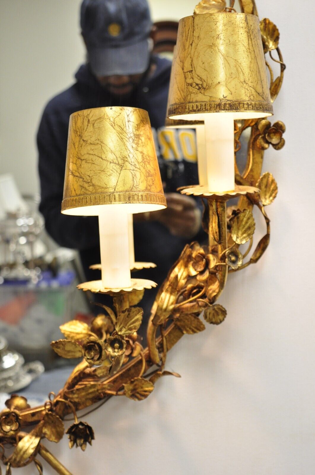 Vtg Italian Hollywood Regency Gold Gilt Iron Oval Floral Wall Mirror w/ Sconces