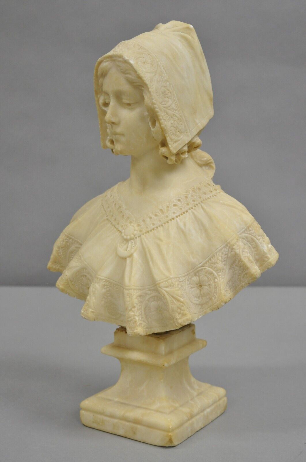 Antique Victorian Carved Alabaster Marble Figural Young Woman Maiden Bust Statue