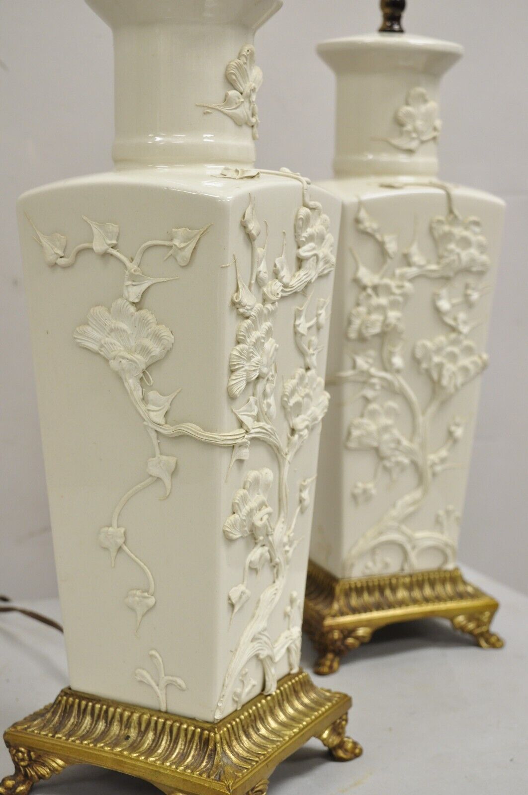 Vintage Chinoiserie Porcelain "Cherry Blossom" Blanc De Chine Table Lamps - Pair