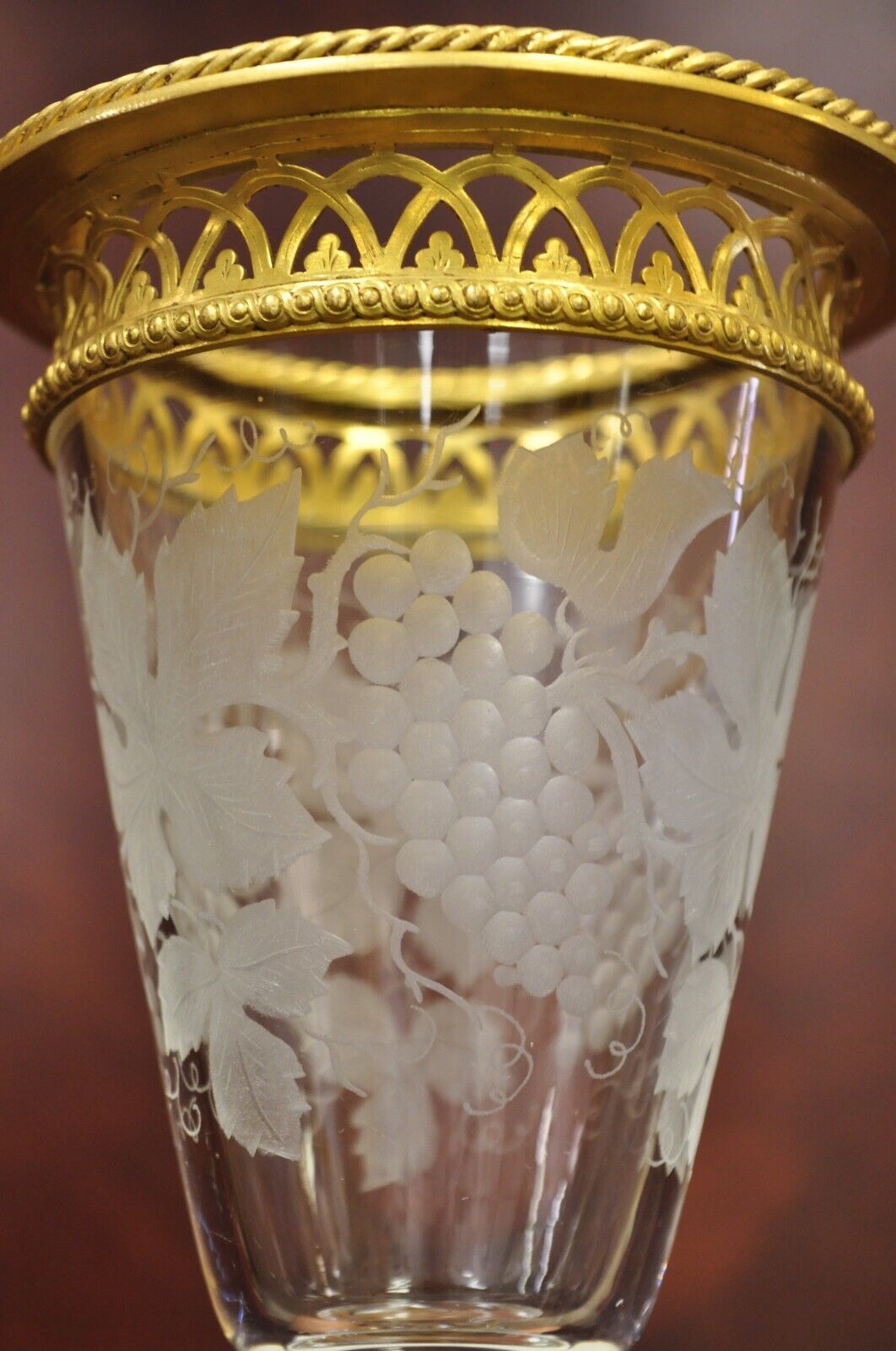Antique French Louis XV Style Gold Gilt Bronze Crystal Glass Stem Goblet - Pair