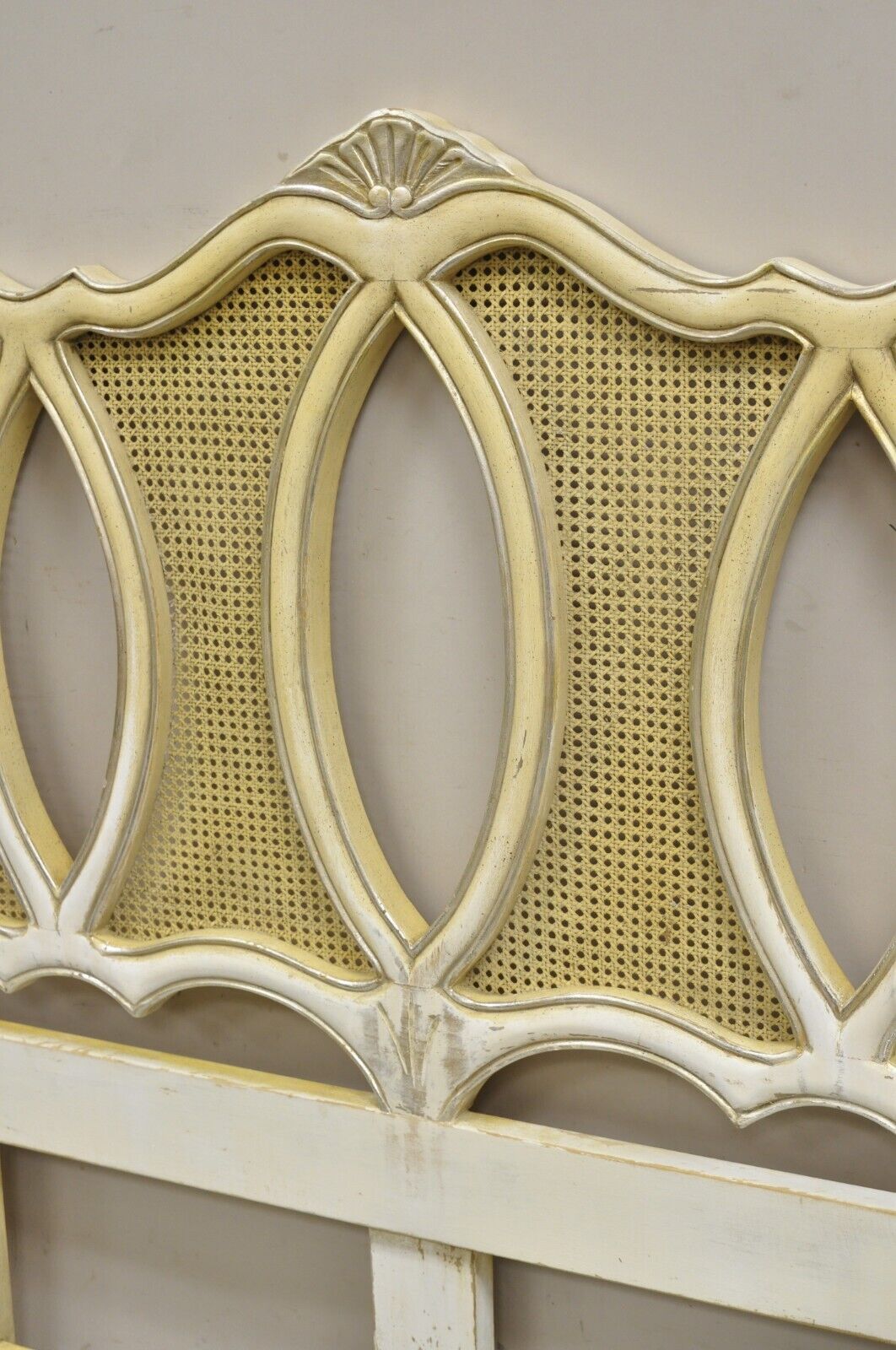 Vintage French Provincial Hollywood Regency Cream Painted Cane King Headboard