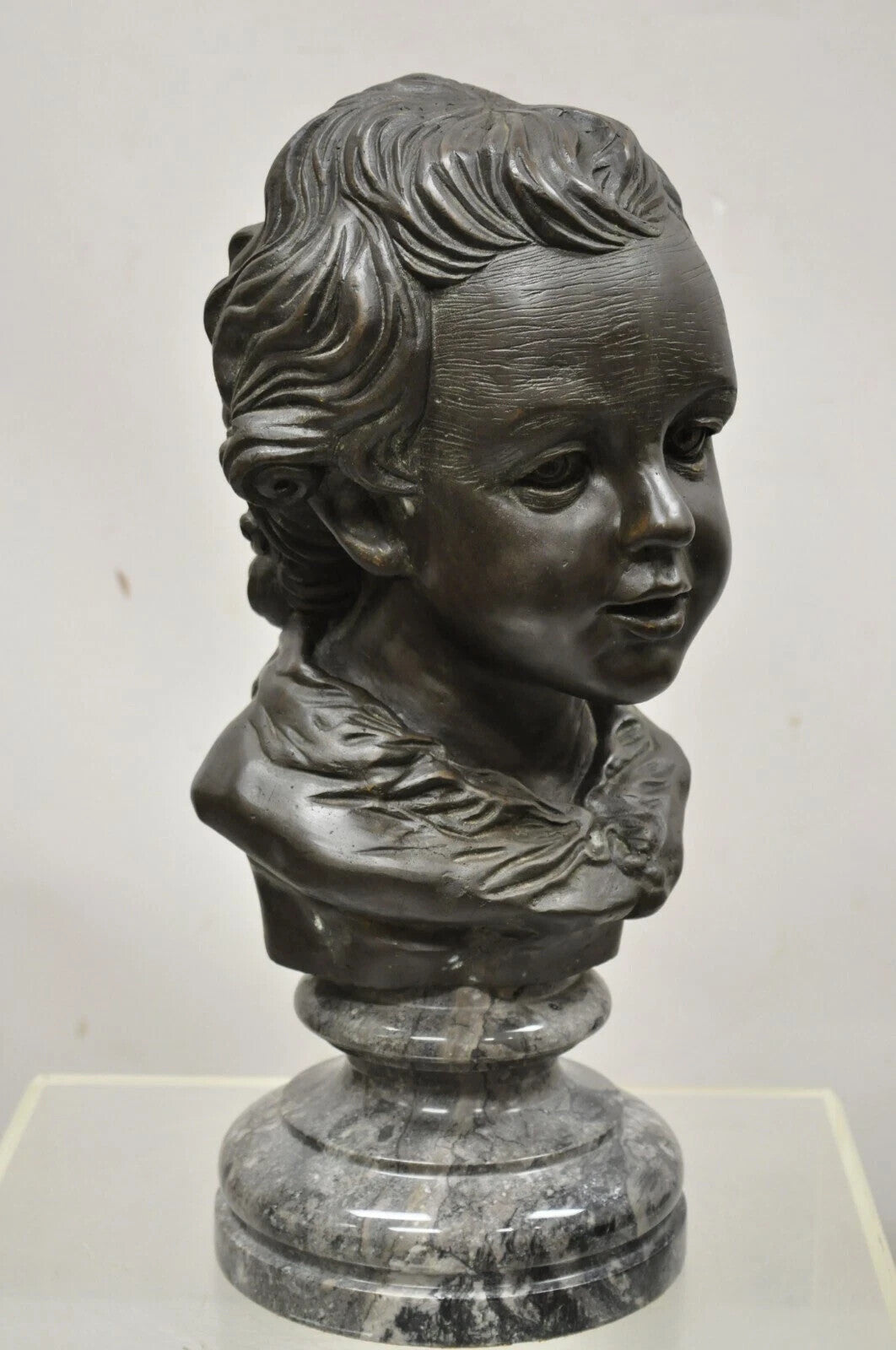 Maitland Smith Victorian Style 19" Bronze Boy Bust Head Sculpture on Marble Base