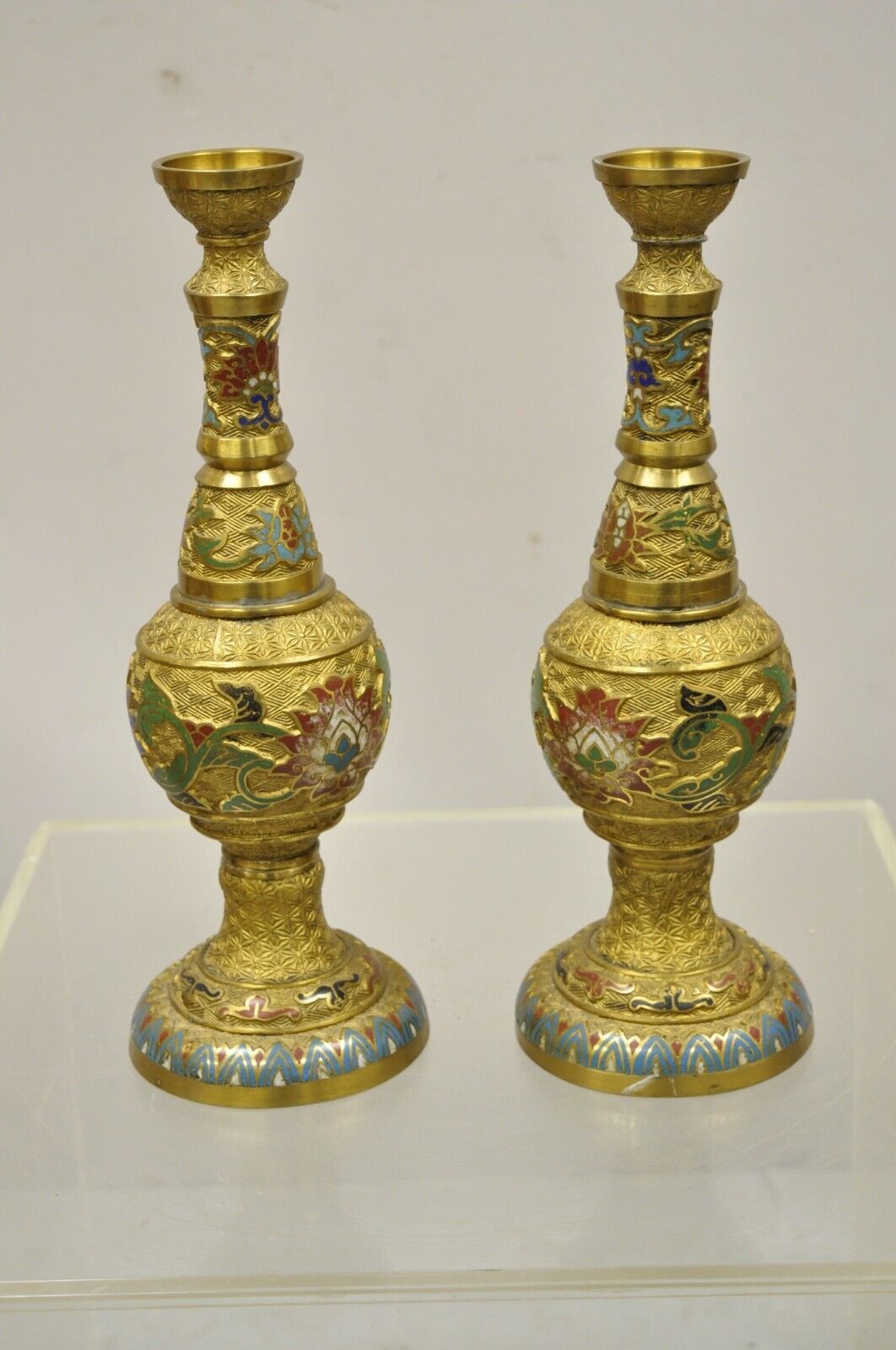 Vintage Japanese Cloisonne Enamel 13" Bronze Candlesticks Lamp Base - a Pair