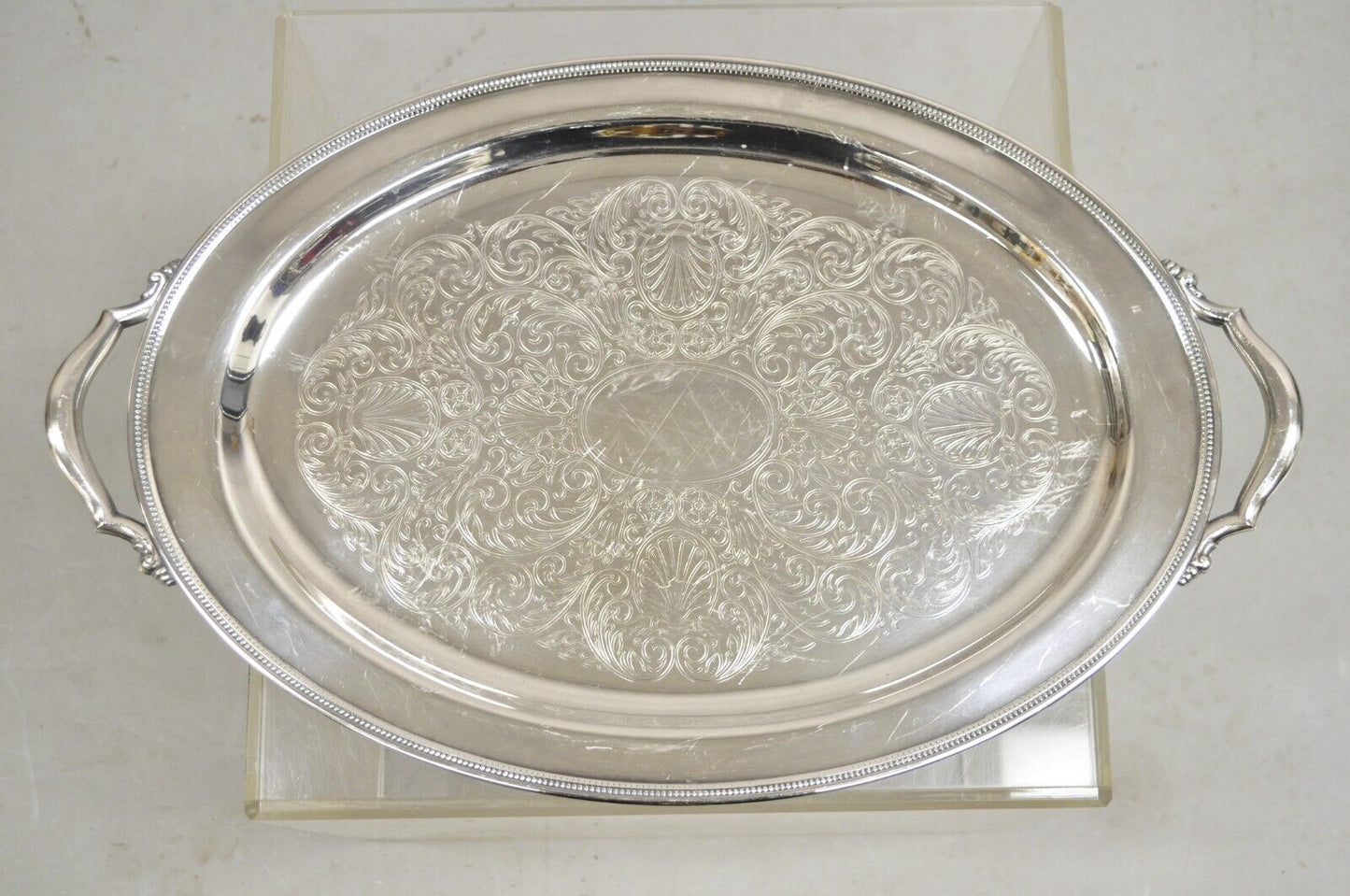 Vintage Oneida Edwardian Style Silver Plated Oval Etched Serving Platter Tray