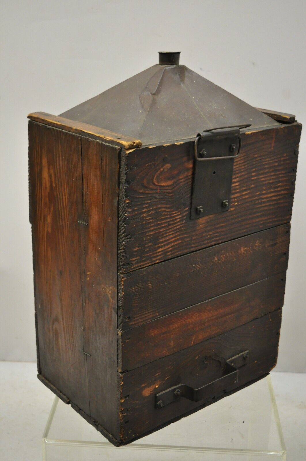 Antique Export Tin Metal Transport 5 Gallon Canister Container with Wood Case