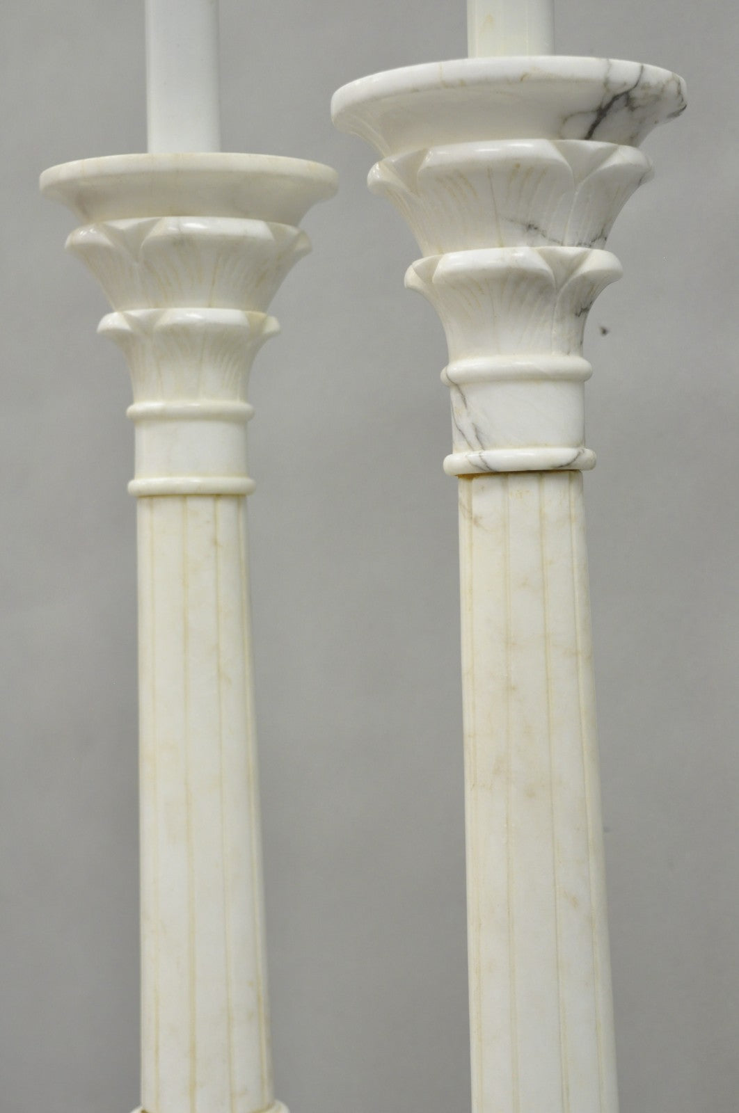 Vintage Italian Neoclassical White Carved Marble Empire Column Table Lamp Pair