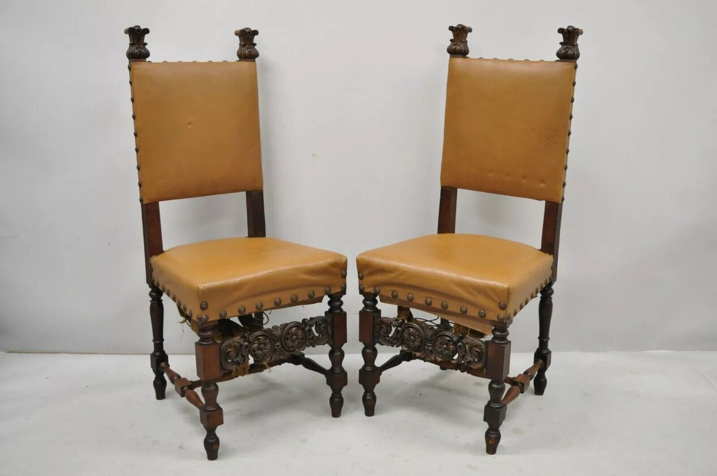 Antique 19th C. Italian Renaissance Carved Walnut High Back Side Chairs - a Pair