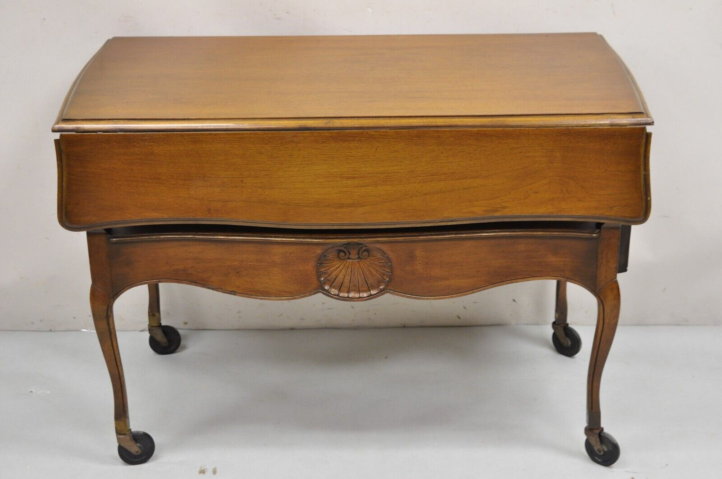 Vintage French Country Style Cherry Wood 2 Drawer Drop Leaf Rolling Serving Cart