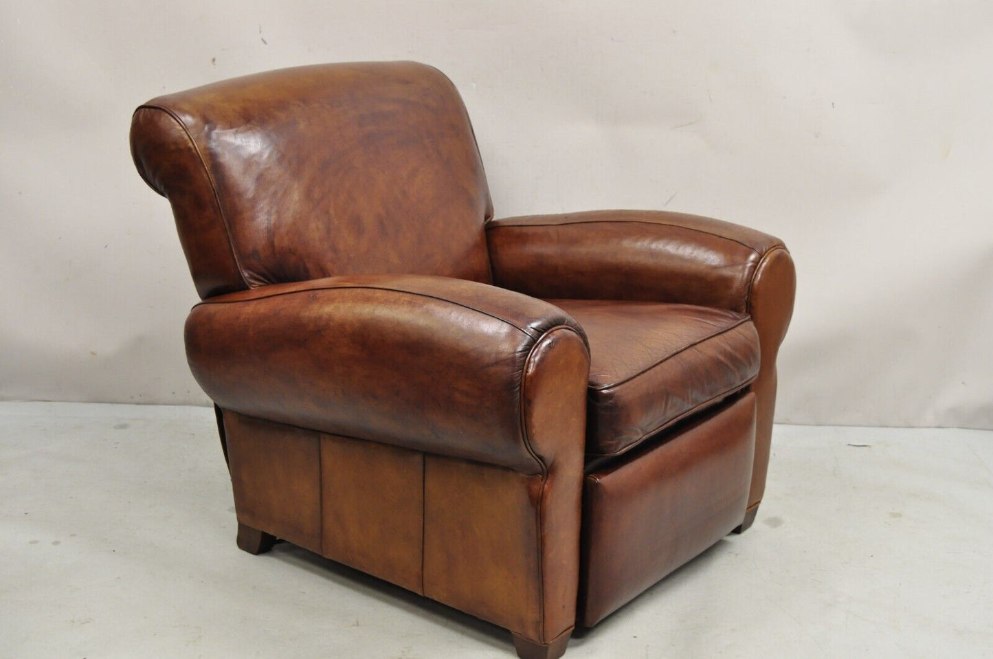 Pottery Barn Manhattan Brown Leather Recliner Art Deco Club Chairs - a Pair