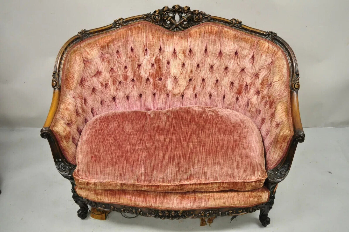 Antique French Louis XV Rococo Style Ornate Carved Walnut Settee Loveseat Sofa