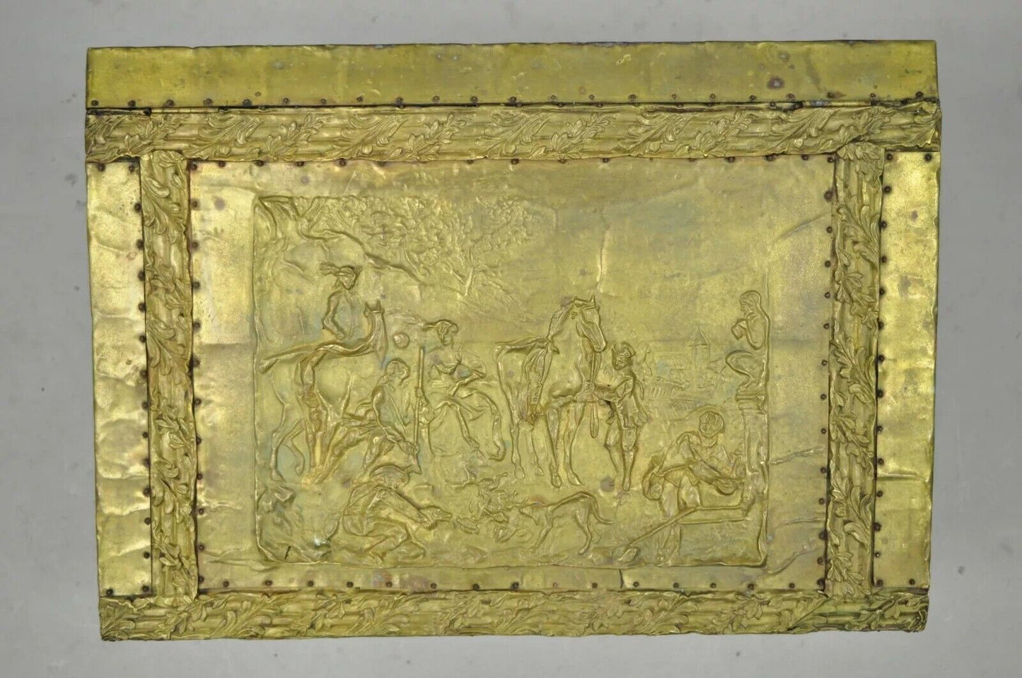 Antique Victorian Embossed Brass Fireplace Log Box Coal Box with Country Scenes