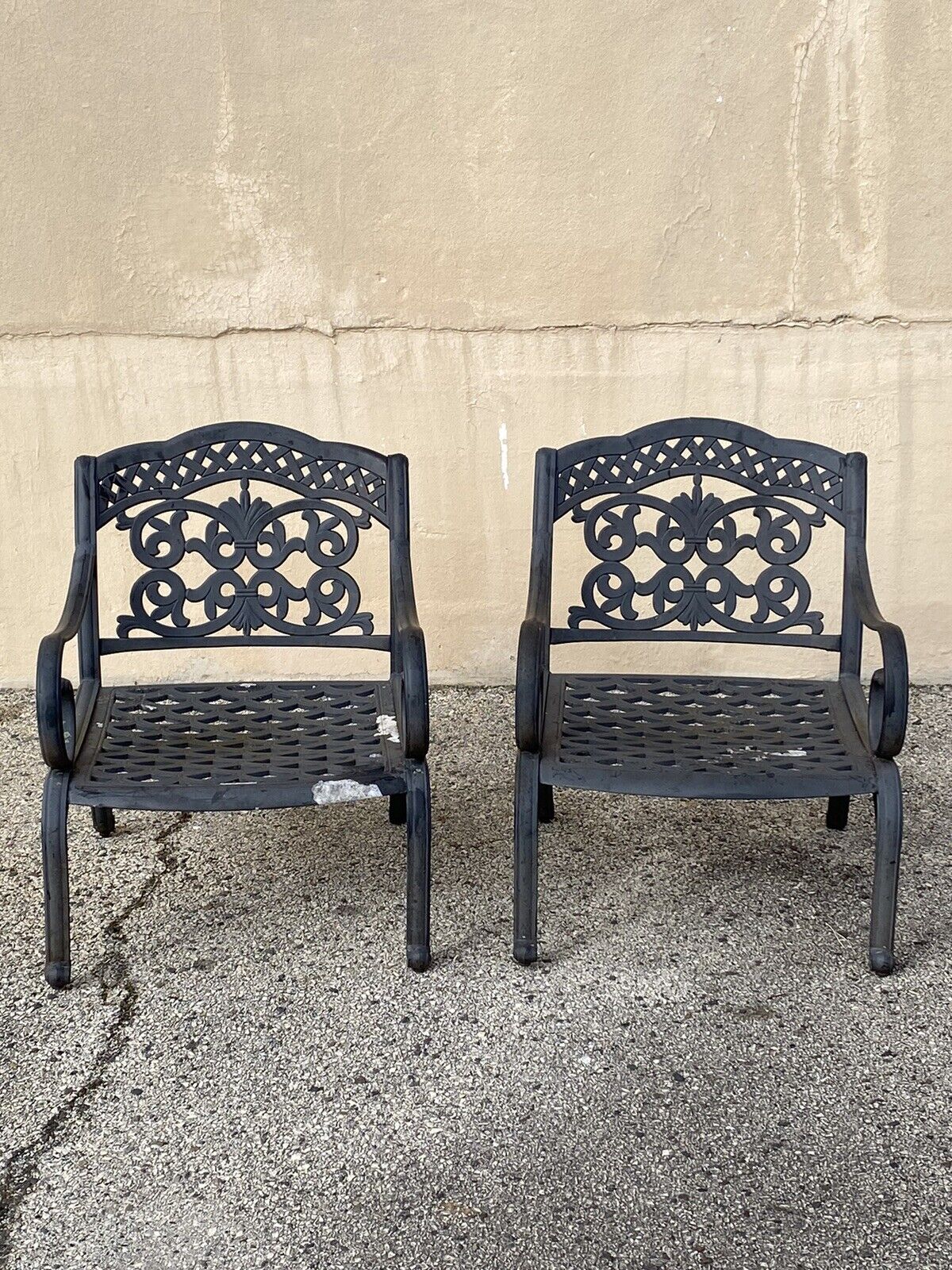 Cast Aluminum Mediterranean Tuscan Scrolling Garden Patio Club Chairs - a Pair