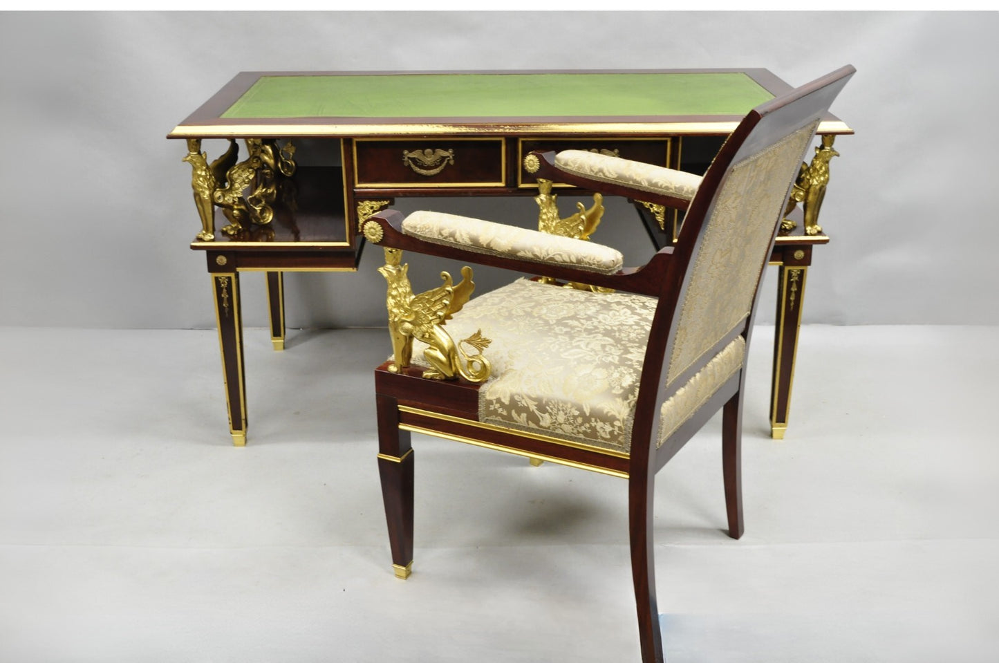 French Empire Revival Green Leather Top Bronze Griffin Mahogany Desk & Chair