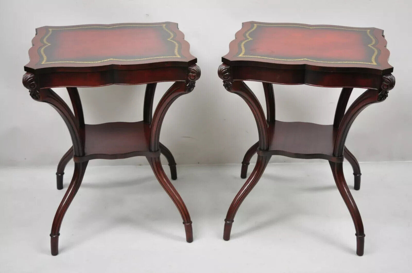 Vintage French Regency Style Red Leather Top Mahogany Lamp End Tables - a Pair