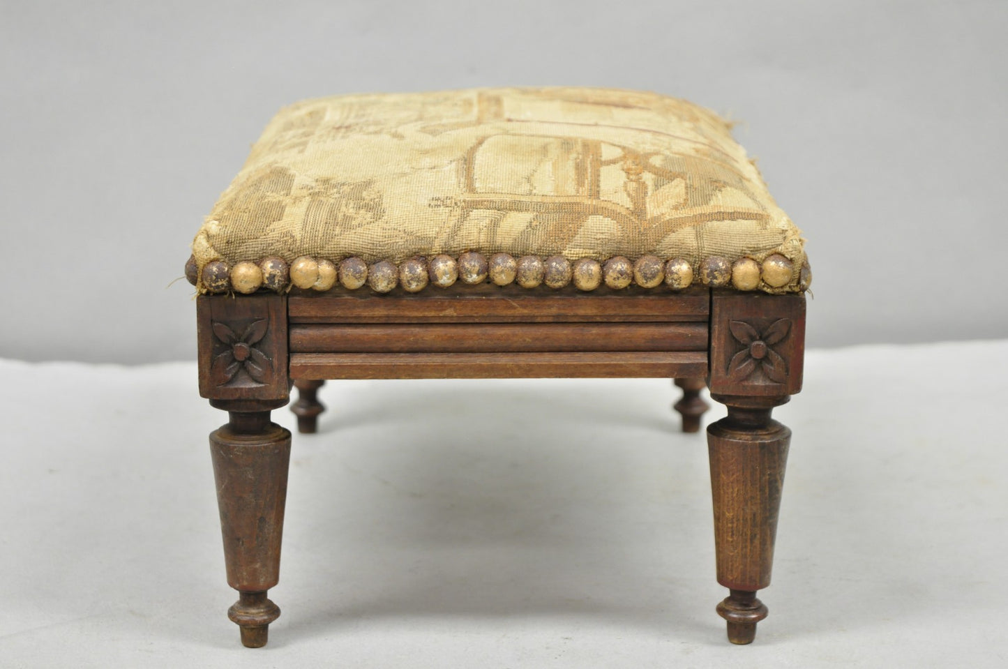 Antique French Country Louis XVI Carved Walnut Small Petite Footstool Ottoman