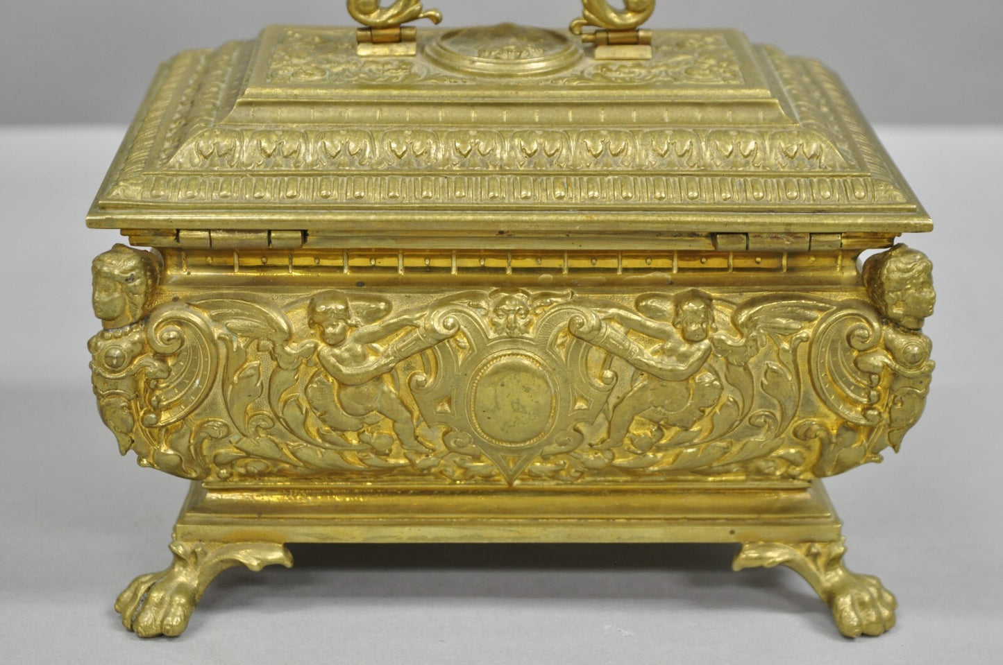 Antique French Renaissance Figural Bronze Casket Jewelry Box with Cherubs